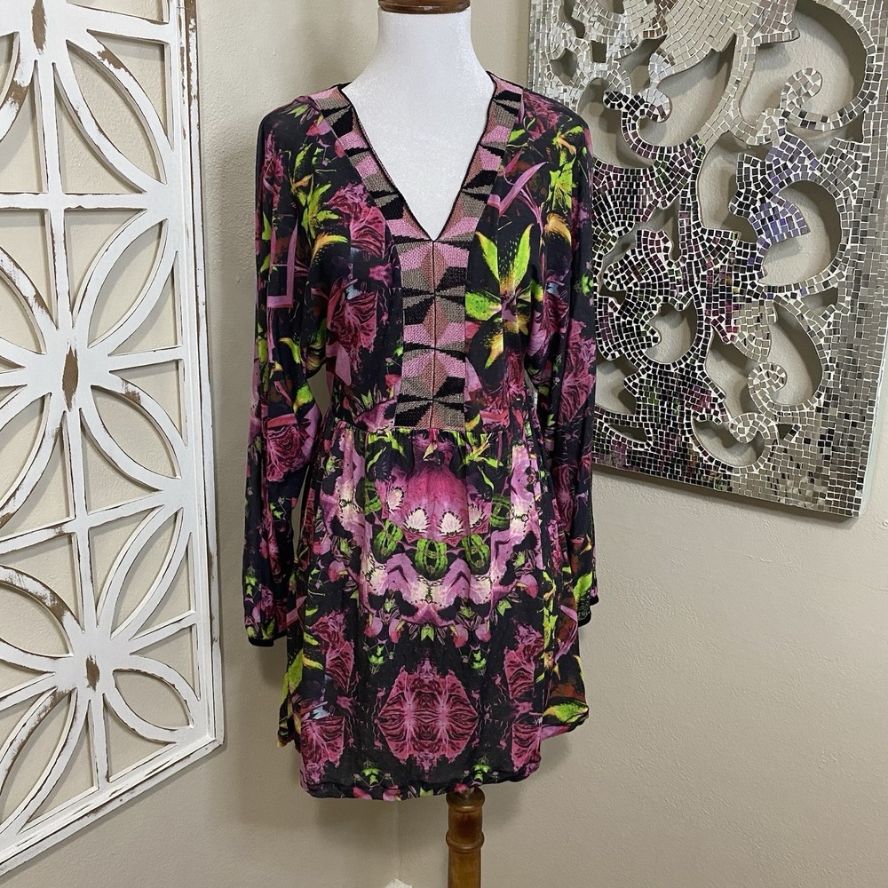 VTG Y2K CUSTO BARCELONA large GEO PRINT V NECK LONG SLEEVE TUNIC OR MINI DRESS